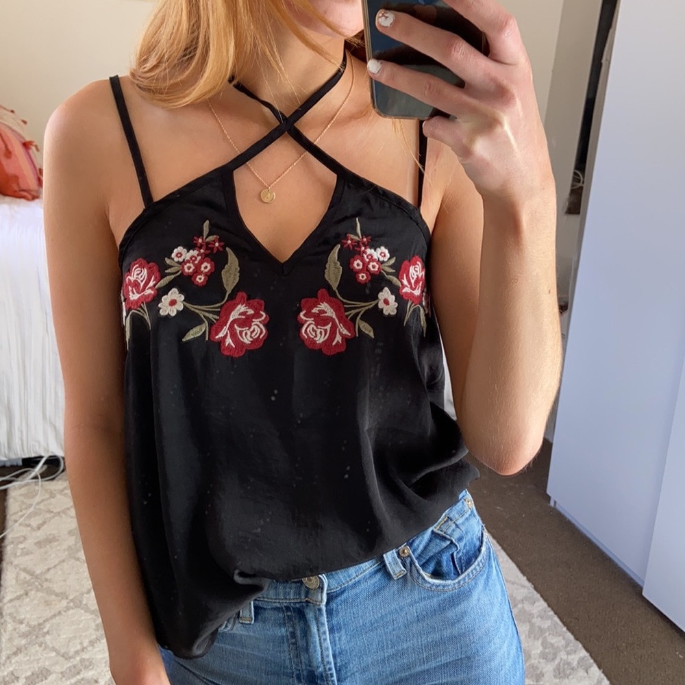 Black floral embroidered tank top